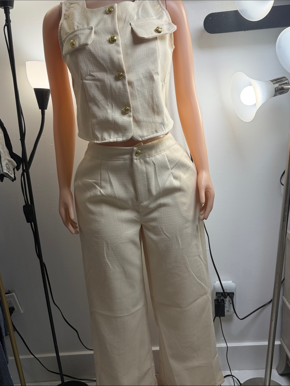 Cream Wide-Leg Pants and Matching Vest Set